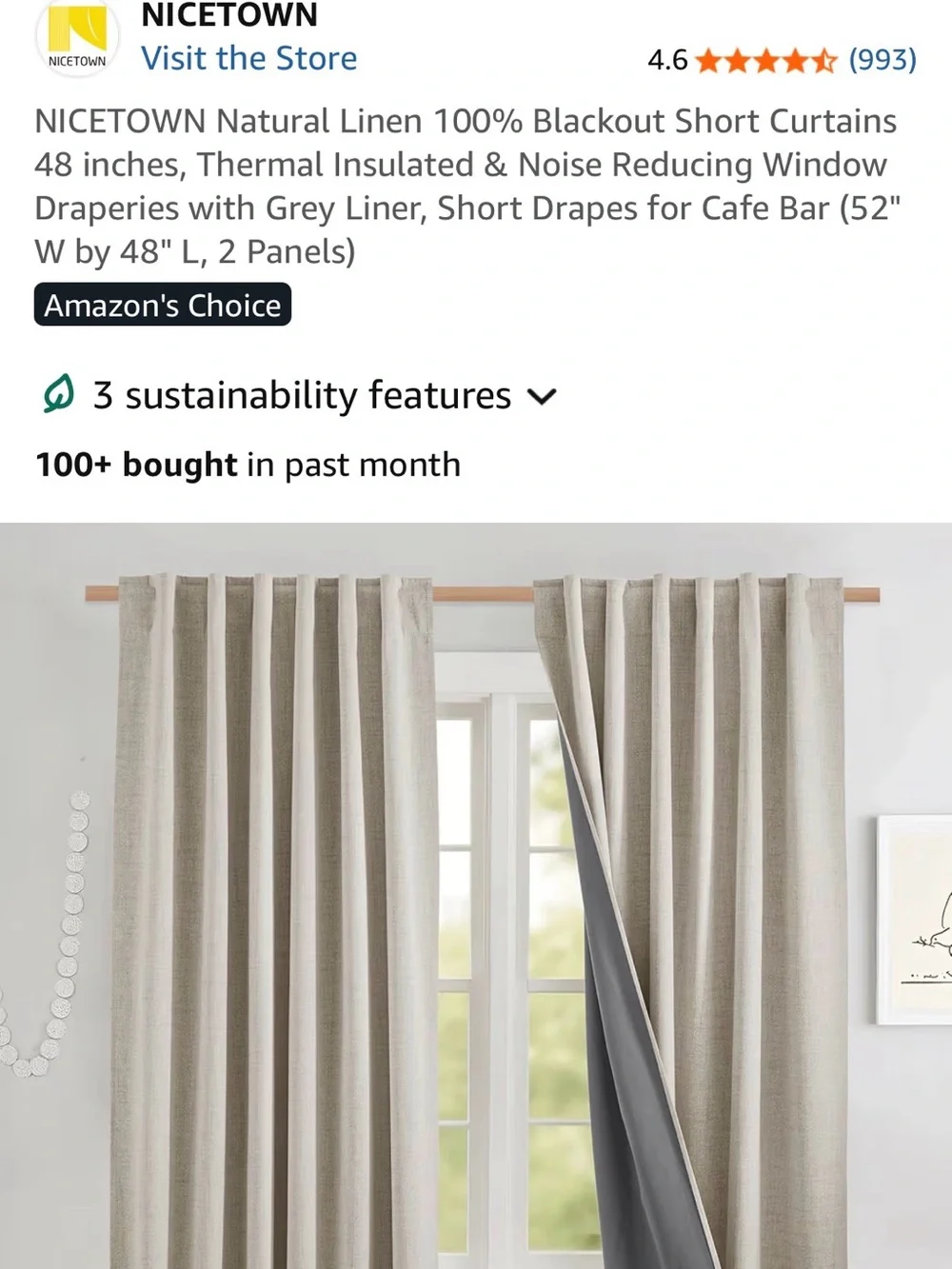 NICETOWN Natural Linen Blackout Curtains 2 Panels 52inW x 48inL